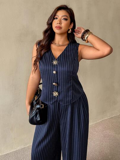 Auralis 大码女式条纹金属遮阳装饰背心和阔腿裤两件套