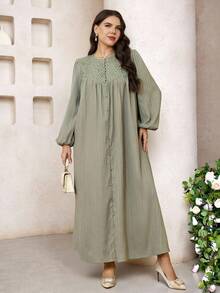 Veilorie Plus Size Women Elegant Solid Color Long Sleeve Arabic Style Dress - Green - View 5