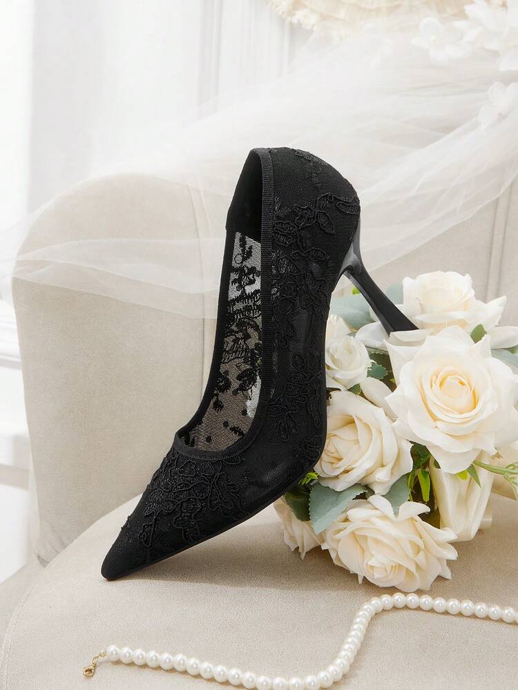 CUCCOO HITCHD Women Shoes Pointed Stiletto Black Lace Mesh Sexy And Comfortable Daily Versatile Women's High Heels Shoes Simple Temperament Fashion Party Wedding Banquet Women's Shoes