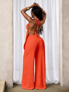SHEIN BamGlam Bộ đồ hai mảnh quần short vải dệt họa tiết dây đeo cổ gợi cảm và thời trang mới - trái cam - Xem 2