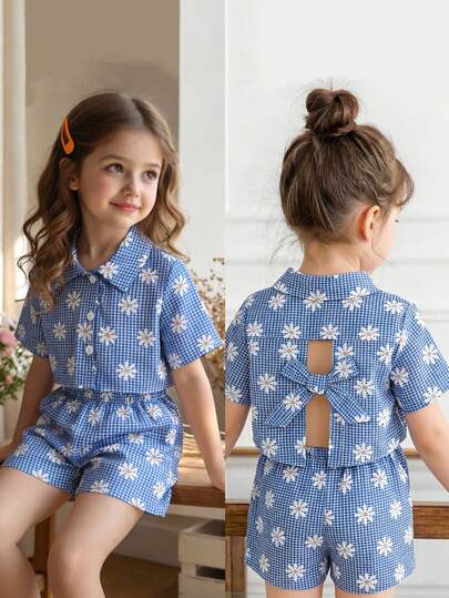 Bộ đồ thời trang đáng yêu cho bé gái năm 2026, áo sơ mi và quần short in họa tiết kẻ caro hoa cúc, 2 món, thích hợp cho mùa hè.