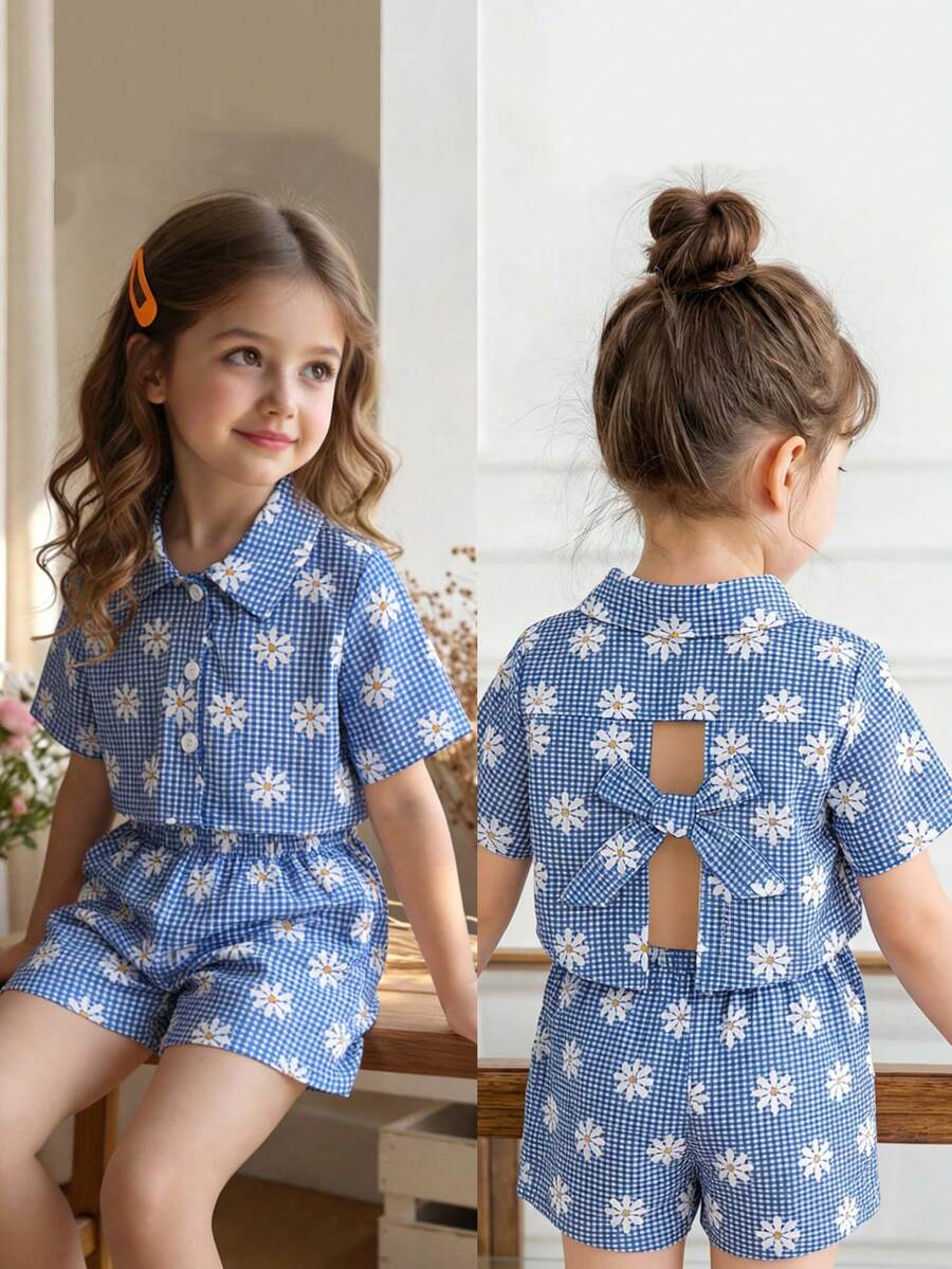 Elladie kids 2026 女童可爱时尚套装,格子雏菊印花衬衫+短裤两件套,夏季 - 藍色 - 查看 1