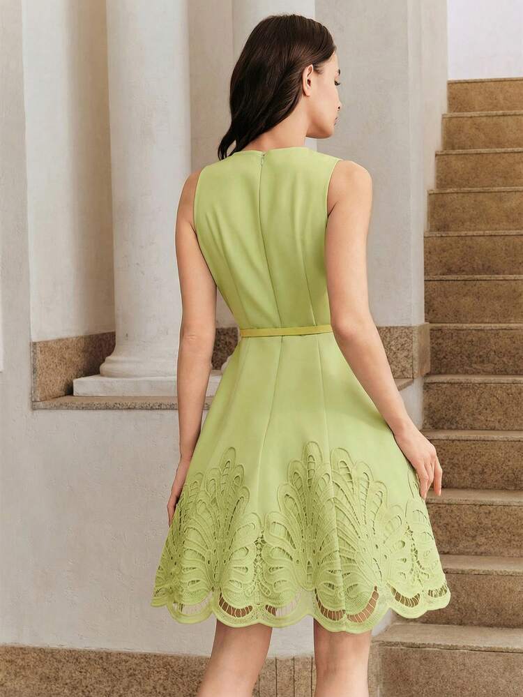 Anewsta Women's Solid Blue Elegant Sleeveless Round Neck A-Line Short Dress, Irregular Ruffle Hem, Comes With Matching PU Belt, Suitable For Spring/Summer, Beach, Holiday, Wedding, School, Daily Occasions