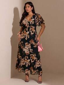 SHEIN BAE Vestido morado con volantes y estampado floral para mujer de talla grande - Multicolor - Ver 3