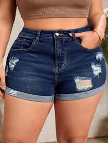 SHEIN CURVE+ Plus Size Women's Elastic Distressed Denim Shorts, Summer - Dark Wash - View 1
