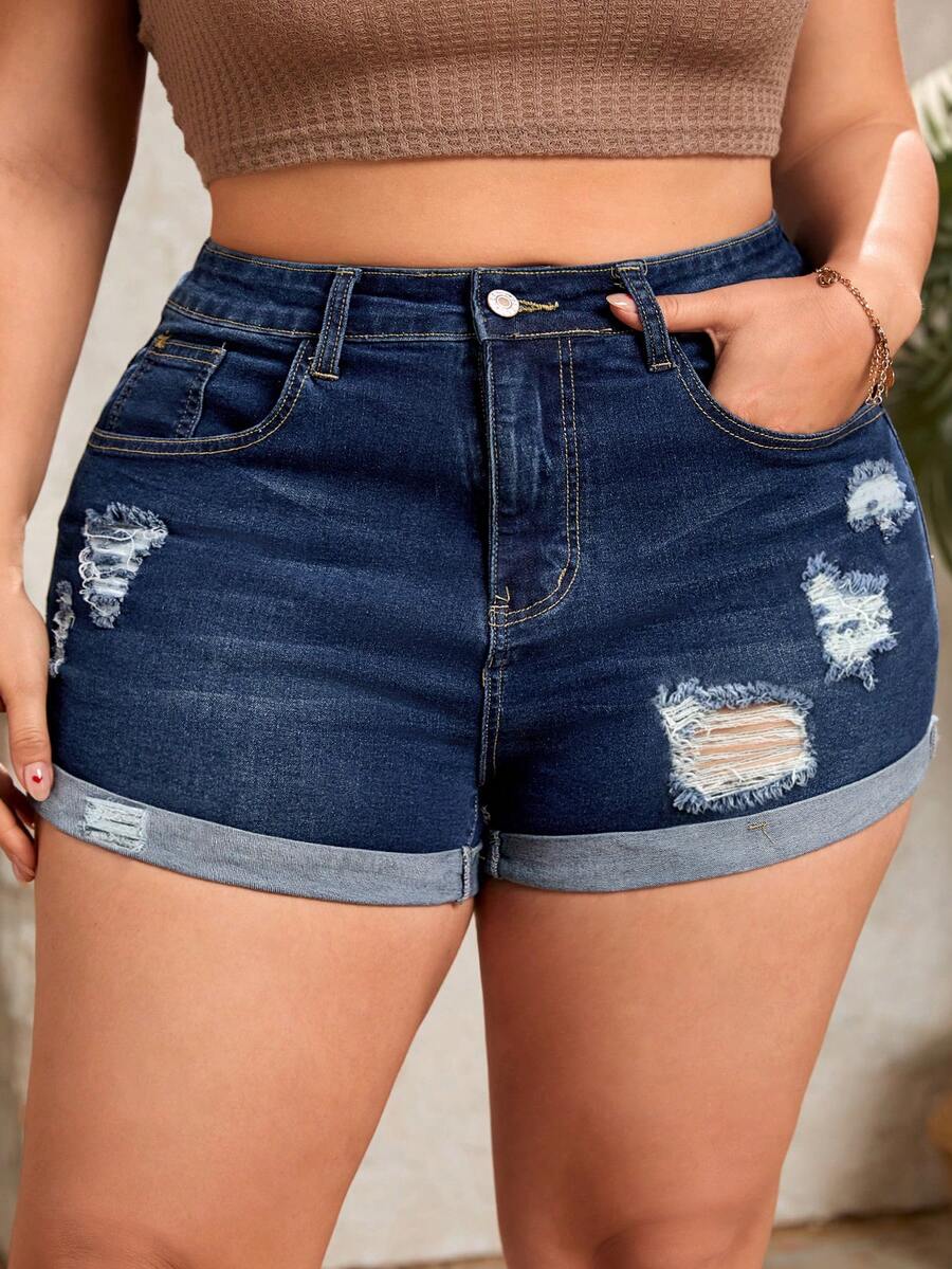 SHEIN CURVE+ Plus Size Women's Elastic Distressed Denim Shorts, Summer - Dark Wash - View 1