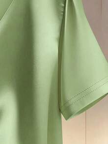 Women's Solid V-Neck Satin Pearl Button Fitted Elegant Short Sleeve Blouse - Green - View 3