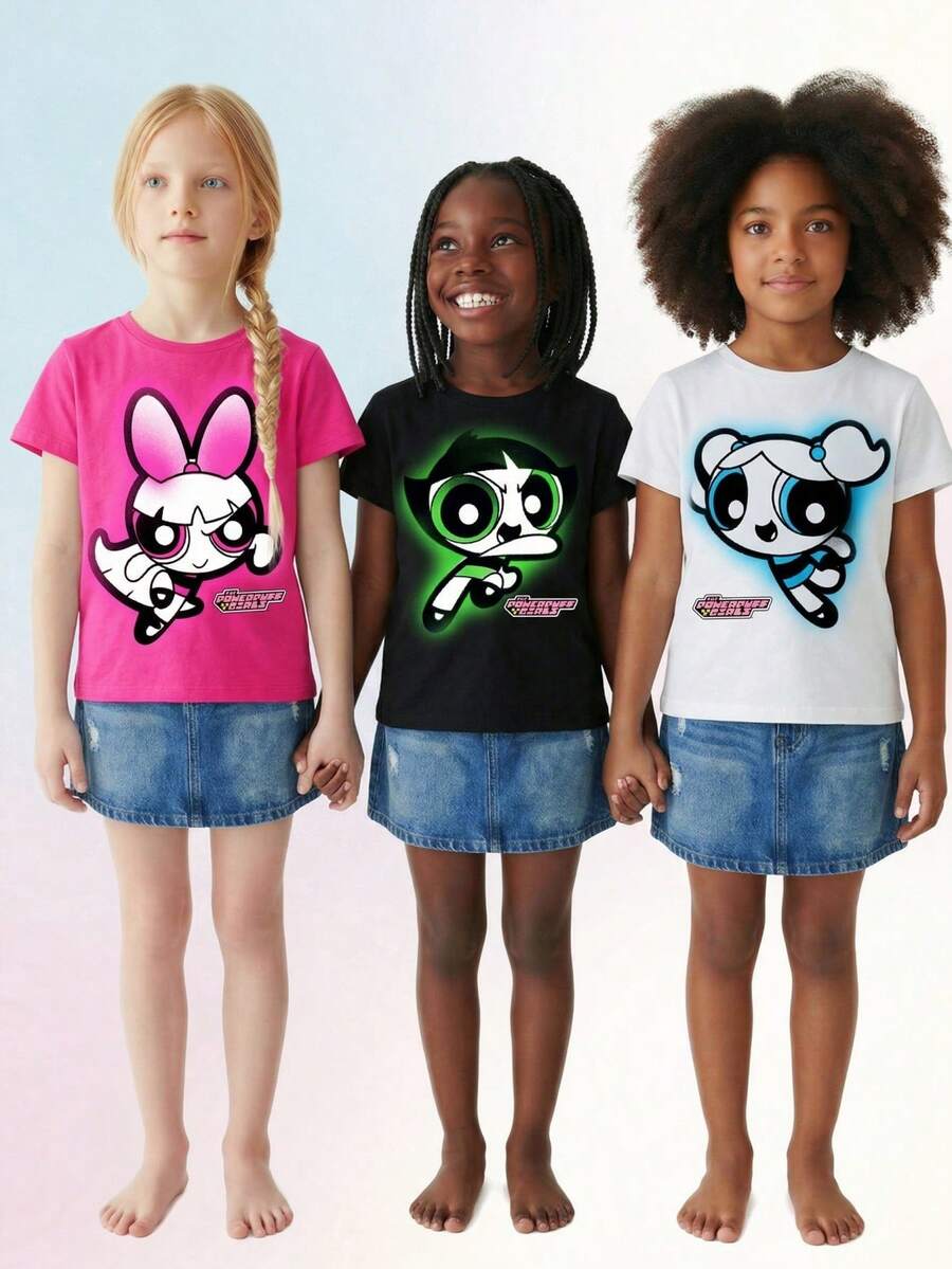THE POWERPUFF GIRLS X SHEIN Maija Kids 1件女童休闲卡通图案T恤，适合夏季穿着 - 彩色 - 查看 1
