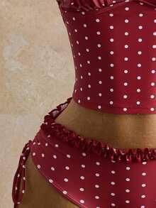 Swim Mod Women's 2-Piece Polka Dot Ruffle Trim Cropped Top And Tie-Waist Bikini Bottom Swimwear Set, Summer - Red - View 5