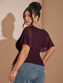SHEIN BAE Große Größen V-Ausschnitt Kreuz-Design elegantes Sommer Mesh Top für Frauen, geraffte Taille Kurven Lässig für Date Night, Party, Urlaub, Y2k - Rot-violett - Übersicht 3