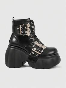 ROMWE Grunge Punk Giày sandal cao gót nữ 2026, bốt cao gót siêu nhỏ, bốt cưỡi ngựa nữ mùa xuân và mùa thu, bốt cao gót kiểu tàu hỏa, bốt da PU chống thấm nước, bốt ngắn có khóa thắt lưng màu tối. - màu đen - Xem 1