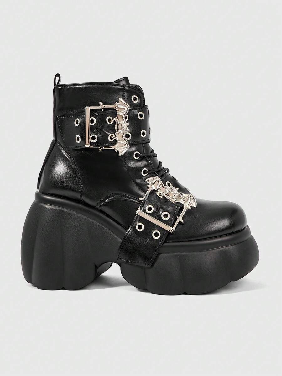 ROMWE Grunge Punk Giày sandal cao gót nữ 2026, bốt cao gót siêu nhỏ, bốt cưỡi ngựa nữ mùa xuân và mùa thu, bốt cao gót kiểu tàu hỏa, bốt da PU chống thấm nước, bốt ngắn có khóa thắt lưng màu tối. - màu đen - Xem 1