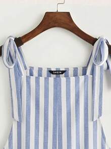 SHEIN EZwear 休闲复古优雅通勤百搭暖蓝白条纹印花图案，沙滩/度假装，女士夏季服装。打结肩带口袋拼接连体裤 - 彩色 - 查看 4