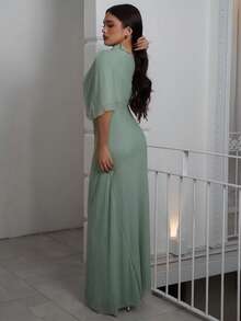 Criza Taa Elegant Minimalist Commuter Fashion Elastic Waist Design Multilayer Ruffle Waist Ruffle Flattering Long Dress, Suitable For Work, Date, Vacation - Green - View 5