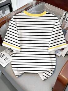 Tricou Tween Girl cu imprimeu dungat, mânecă scurtă, casual, minimalist, pentru fete, potrivit pentru vară - Multicolor - Vizualizare 2