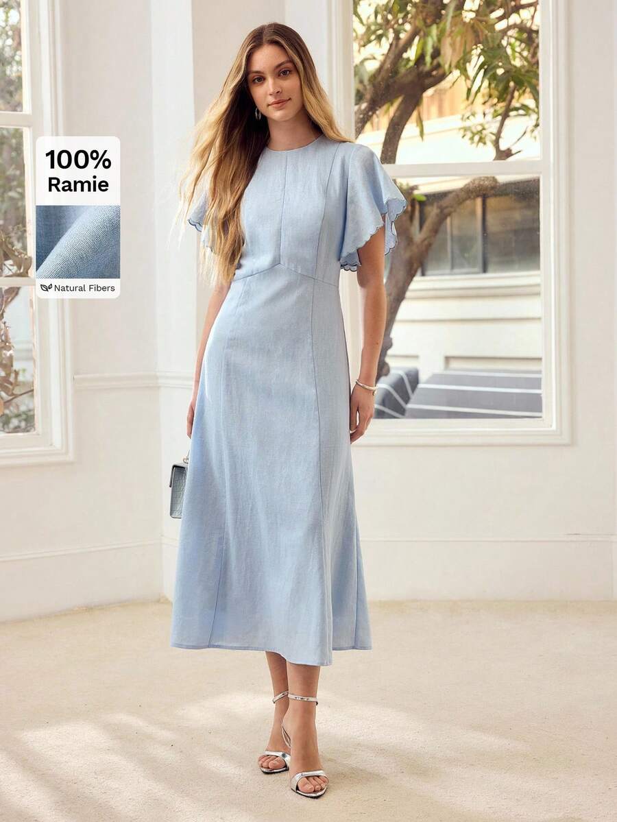 MOTF PREMIUM Đầm nữ tay ngắn cổ tròn cắt xéo, 100% vải lanh, dài ngang gối, thích hợp mặc thường ngày, hẹn hò hoặc đi nghỉ mát. - Màu xanh lam - Xem 2