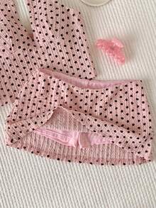 Comfortcana Women's 1960s Cute Vintage Pink And Black Polka Dot Summer Vacation 2-Piece Set,Textured Ruched Halter Neck Tie Waist Top And Skirt,Beach Vacation - Pink - View 6