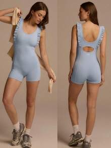 Fluxe 女士夏季休闲荷叶边露背无袖修身连体衣 - 淺藍色 - 查看 5