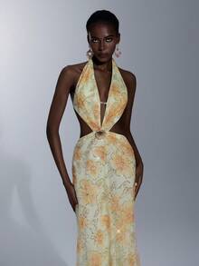 Elitara 优雅、浪漫、时尚、性感杏色印花珠饰面料深V领露背A字连衣裙，优雅派对礼服，婚礼宾客礼服，单身派对礼服，假日度假礼服，沙滩派对礼服，鸡尾酒会礼服 - 杏色 - 查看 7