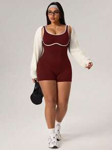 SHEIN Dewbera Plus Size Women Patchwork Color Casual Everyday Wear Sports Romper - Burgundy - View 1