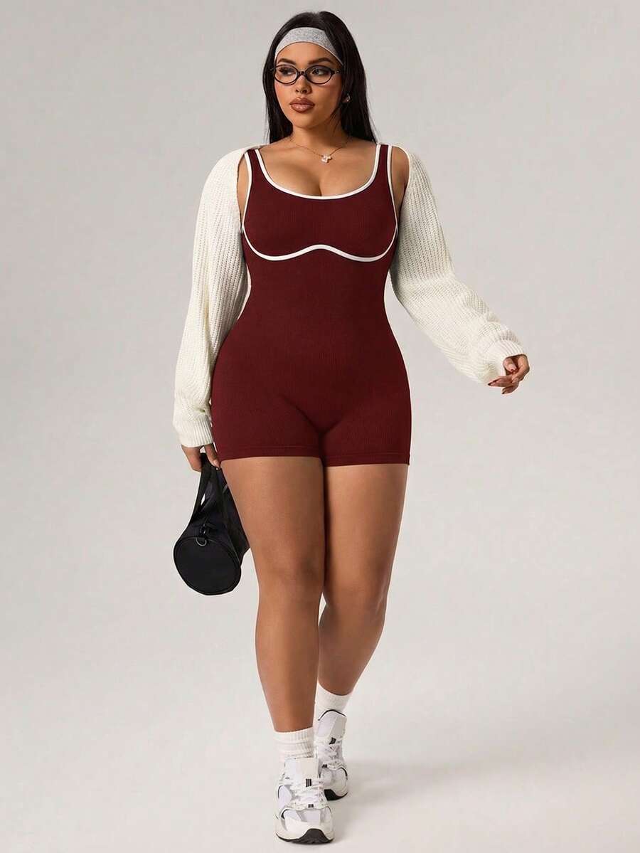 SHEIN Dewbera Plus Size Women Patchwork Color Casual Everyday Wear Sports Romper - Burgundy - View 1