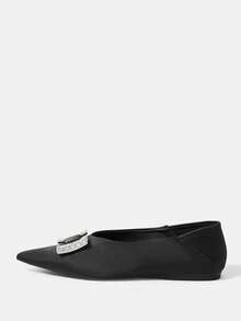 CUCCOO HITCHD Pointed Toe Low Vamp Rhinestone Square Buckle Flat Bottom Comfortable Versatile Fashionable Soft Sole Elegant Fairy Shoes Women's Shoes - Black - View 8