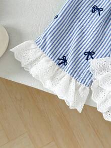 LMoss Kids 2件套女婴条纹蝴蝶结撞色蕾丝露背蝴蝶结上衣和裤子套装，适合春夏季节穿着 - 彩色 - 查看 6