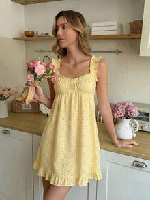 Snug Reverie 针织提花吊带背心，拼接荷叶边下摆，可爱女士睡衣 - 黃色 - 查看 4