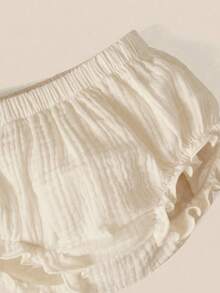 SHEIN 新生儿纯色褶皱松紧腰休闲短裤 - 米色 - 查看 5