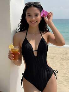 SHEIN Bộ jumpsuit dệt kim jacquard màu đen dành cho nữ tuổi teen, cổ chữ V, hở lưng, kiểu yếm, thích hợp cho kỳ nghỉ. - màu đen - Xem 3