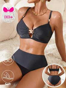 Swim DD+ Women's Solid Color Metal Decor Spaghetti Strap Bikini Set Holiday Beach Swimming Vacation White Summer Tropical Elegant Sexy - Black - View 1