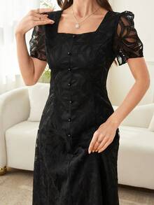 Modelyn Women's French Lace Elegant Waist Cinched Long Dress - Black - View 5