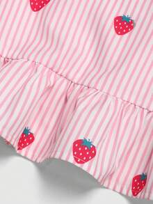 Conjunto informal de vacaciones de primavera/verano para niña preadolescente con top sin mangas con estampado de fresas dulces a rayas rosa y blanco, y pantalones rectos - Rosa - Ver 5