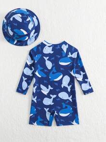 SHEIN Infant/Baby BoyWhale Print Long Sleeve Rash Guard Swimsuit With Sun Protection Wide Brim Hat - Blue - View 2