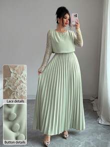 Modelyn 春夏优雅撞色蕾丝长袖圆领褶裥中长连衣裙 - 綠色 - 查看 4