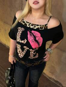 ROMWE Grunge Punk Spring/Summer Plus Size Y2K Leopard Lip Print Contrast Color Drop Shoulder T-Shirt For Women - Black - View 2