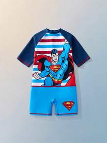 SUPERMAN X SHEIN Maija Kids 男童春夏修身拼接泳装，合作款 - 藍色 - 查看 5