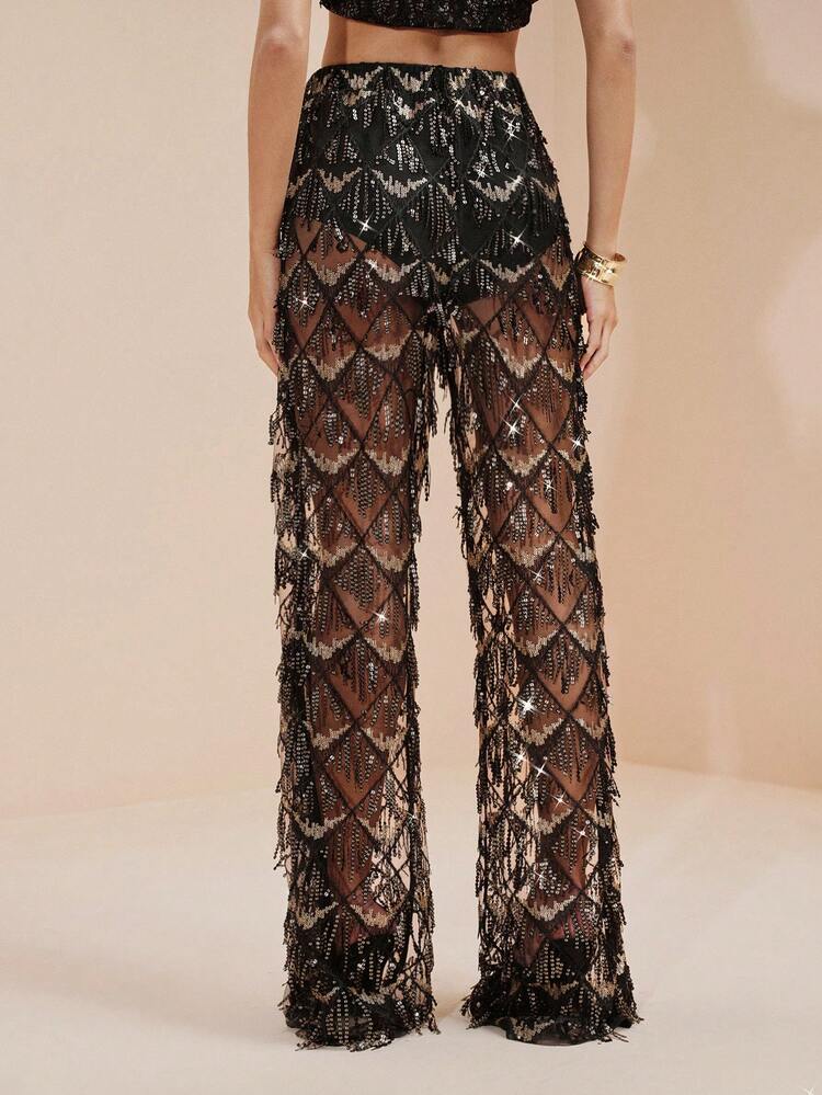 Arave Calça Reta de Cintura Alta Feminina com Tule, Bordado, Lantejoulas e Desenhos com Borlas, Elegante para Encontros - Preto - Visão 7