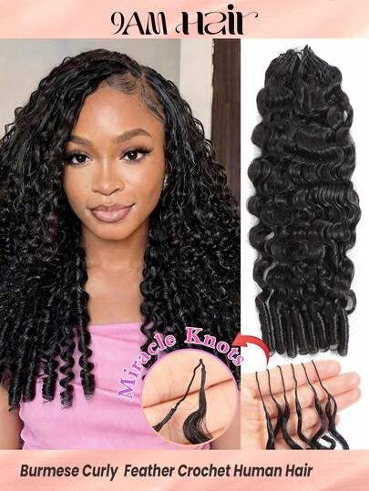 Boho Braids Tóc móc Miracle Knot làm từ 100% tóc người Remy, kiểu tóc Feather Line, bện tóc mượt mà, không đường nối, màu đen tự nhiên, xoăn kiểu Miến Điện, dành cho tóc mỏng, tóc nối Micro Pre Looped Crochet Human Hair Burmese Curly Extensions.