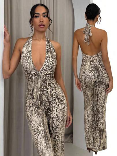 Glamine Women's Deep V Neck Backless Jumpsuit, Sexy Backless Fitted Jumpsuit, Vintage Casual Snake Skin Print Jumpsuit Animal Print Jumpsuit Sexy Jumpsuit Leopard Jumpsuit Cheetah Print Jumpsuit Halter Jumpsuit Halter Jumpsuits For Woman Women's Jumpsuit Halter Neck Jumpsuit Leopard Print Outfit Animal Print Outfit Women Snake Print Jumpsuit Bodysuit