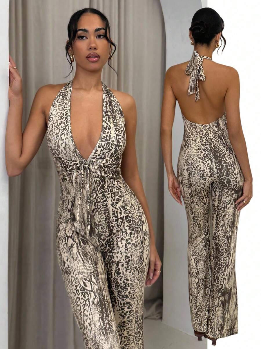 Glamine Women's Deep V Neck Backless Jumpsuit, Sexy Backless Fitted Jumpsuit, Vintage Casual Snake Skin Print Jumpsuit Animal Print Jumpsuit Sexy Jumpsuit Leopard Jumpsuit Cheetah Print Jumpsuit Halter Jumpsuit Halter Jumpsuits For Woman Women's Jumpsuit Halter Neck Jumpsuit Leopard Print Outfit Animal Print Outfit Women Snake Print Jumpsuit Bodysuit - Apricot - View 1