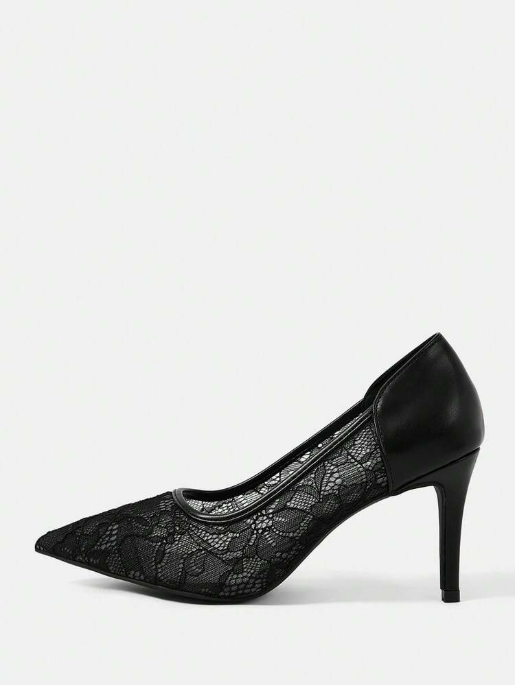 CUCCOO HITCHD Women's Pointed Toe Thin Heel Black Lace Mesh Wedding/Party Event Sexy Elegant High Heel Pumps For Christmas