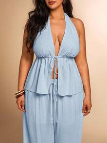 SHEIN BAE 大码女式夏季纯色系结露背吊带上衣和阔腿裤套装，沙滩/度假套装，两件套夏季服装，女士夏季服装 - 淺藍色 - 查看 7