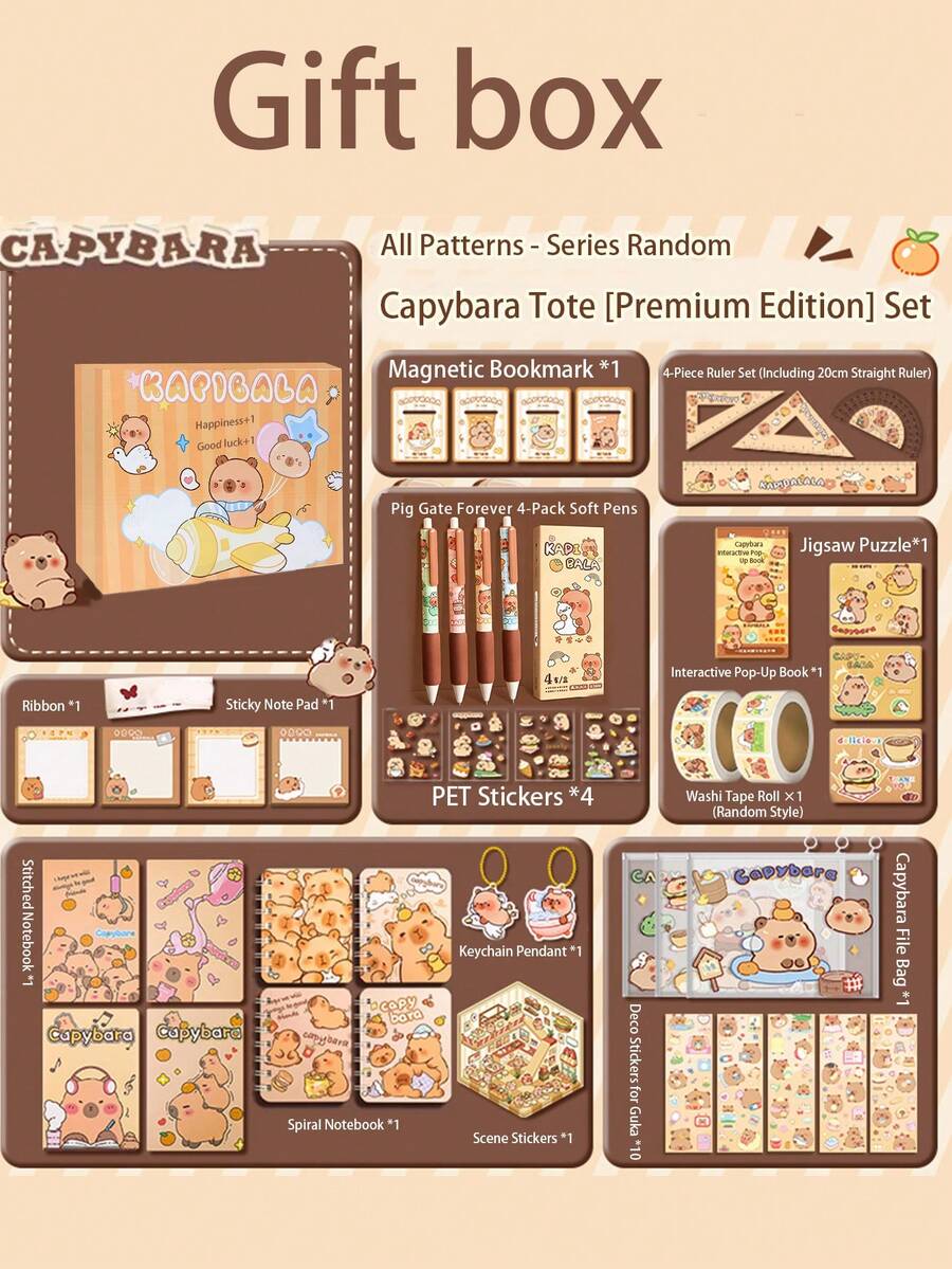 Capybara-Themed Stationery Gift Set - Includes Pufferfish Design Pencil Case, Highlighters, Sticky Notes, Notebook, Etc. - Suitable As A Birthday Or Partner Gift, Gift | Illustrated Pencil Case (Some Styles May Be Random) - Capybara Stationery Set - View 1