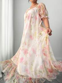 Elenzga Plus Size Women Elegant Woven Double Layer Embroidered Floral Sheer Bubble Short Sleeve Dress Fairy Gown For Women Beautiful Dresses For Plus Size Woman - Apricot - View 5