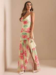 SHEIN BAE 春夏纯色/印花深V领高开衩透视长裙，沙滩度假裙，性感优雅连衣裙，适合圣诞节、约会、鸡尾酒会、正式晚宴等场合。 - 紅色 - 查看 6