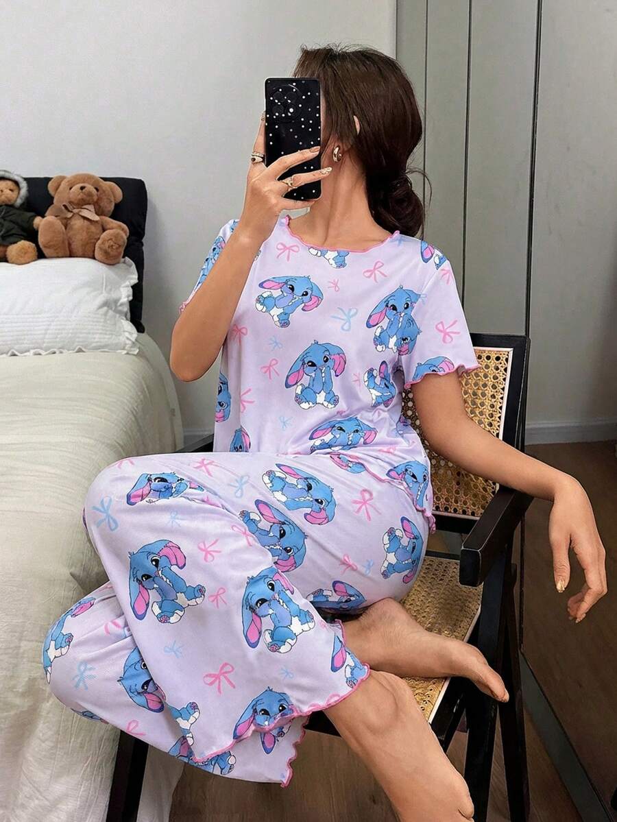 Bộ đồ ngủ cho bé gái tuổi teen, màu tím tối giản với họa tiết thỏ và nơ, tay ngắn và quần dài viền tương phản, đồ mặc nhà thoải mái. - Màu be - Xem 1