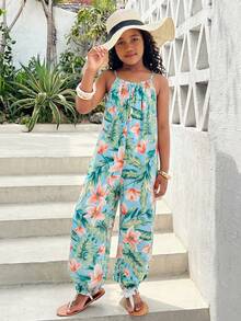 SHEIN 少女休闲夏季度假风宽松热带植物印花吊带连体裤夏季灯笼裤夏威夷风连体裤 - 彩色 - 查看 4
