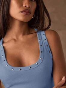 SHEIN BAE Women's Fashion Solid Color Basic Ribbed Studded Tank Top - Dusty Blue - View 6