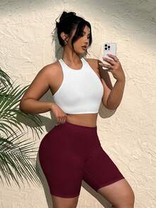 SHEIN EZwear Plus Size Women Solid Color Casual Versatile Daily Wear Skinny Shorts - Burgundy - View 4